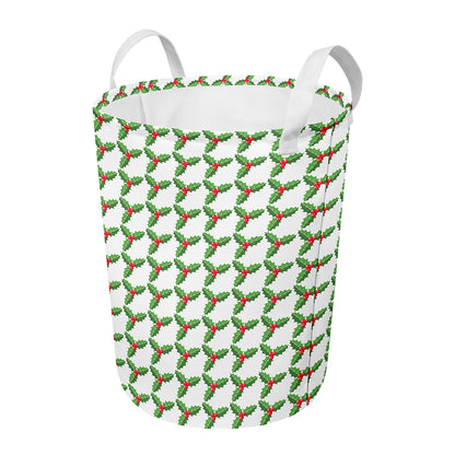 Christmas Holly Berry Pattern Print Round Laundry Basket