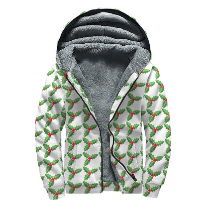 Christmas Holly Berry Pattern Print Sherpa Lined Zip Up Hoodie