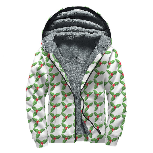 Christmas Holly Berry Pattern Print Sherpa Lined Zip Up Hoodie