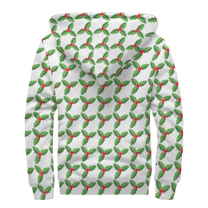 Christmas Holly Berry Pattern Print Sherpa Lined Zip Up Hoodie