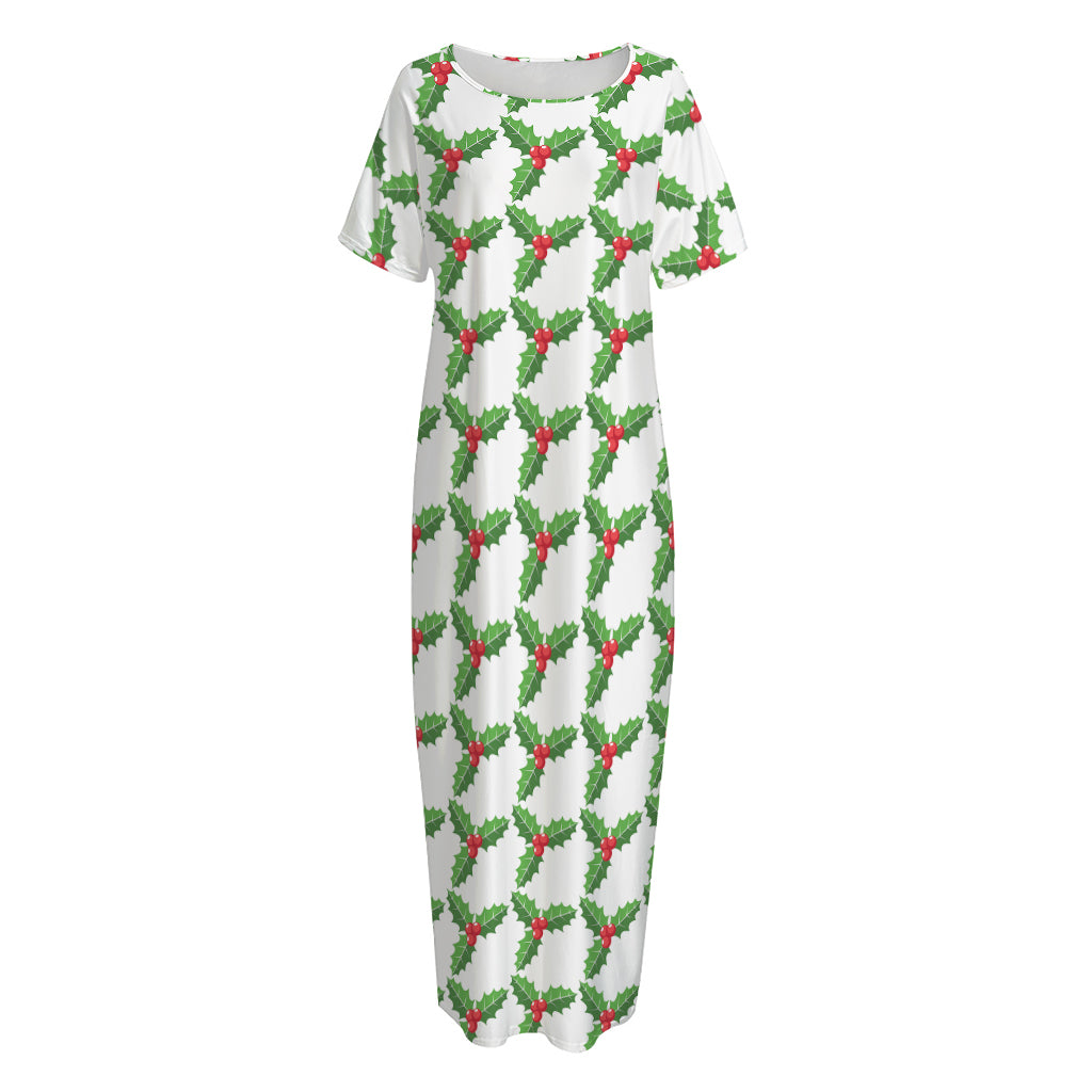 Christmas Holly Berry Pattern Print Short Sleeve Long Nightdress