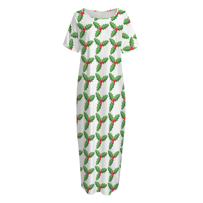 Christmas Holly Berry Pattern Print Short Sleeve Long Nightdress