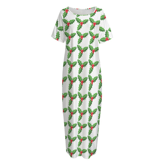 Christmas Holly Berry Pattern Print Short Sleeve Long Nightdress