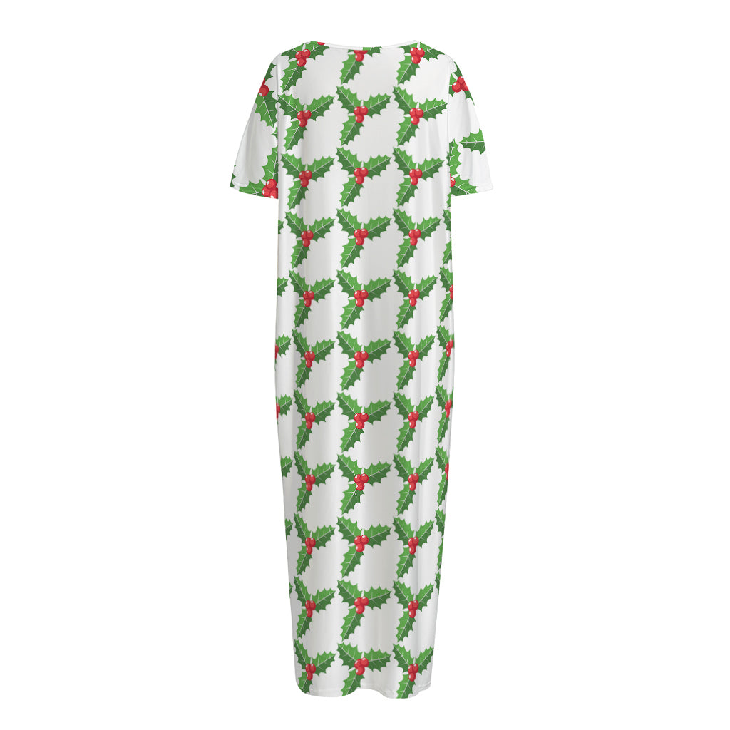 Christmas Holly Berry Pattern Print Short Sleeve Long Nightdress