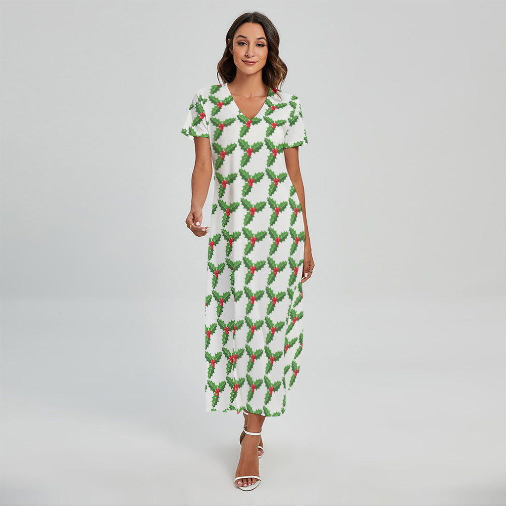 Christmas Holly Berry Pattern Print Short Sleeve Maxi Dress