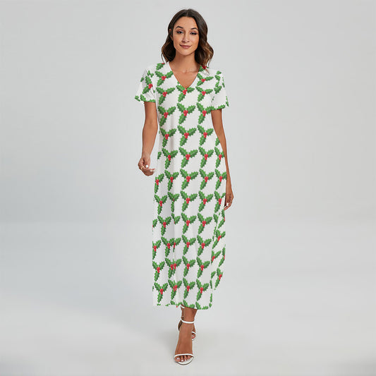 Christmas Holly Berry Pattern Print Short Sleeve Maxi Dress