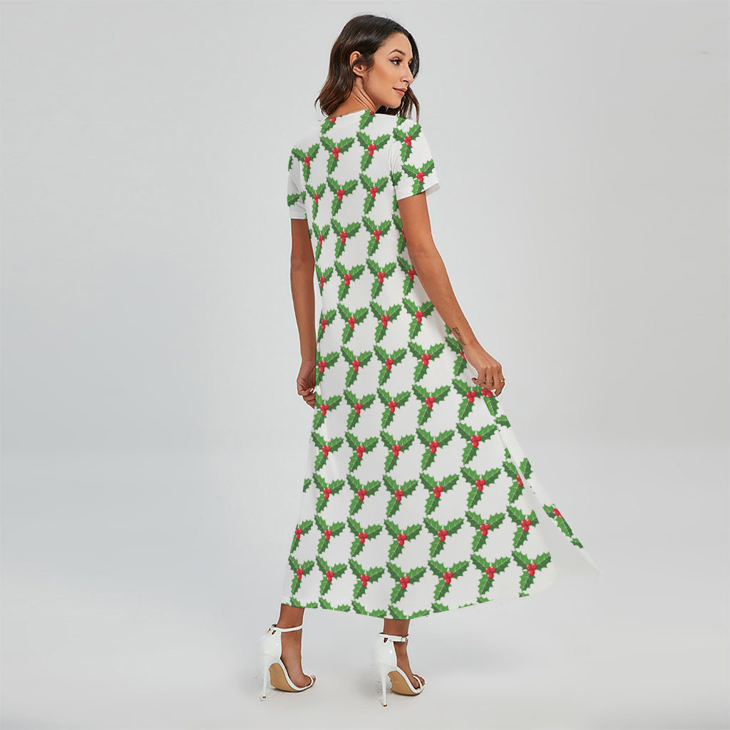 Christmas Holly Berry Pattern Print Short Sleeve Maxi Dress