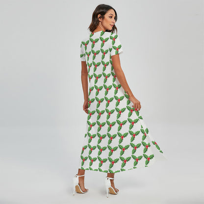 Christmas Holly Berry Pattern Print Short Sleeve Maxi Dress