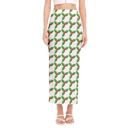 Christmas Holly Berry Pattern Print Side Slit Maxi Skirt