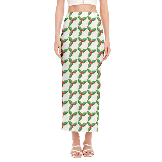 Christmas Holly Berry Pattern Print Side Slit Maxi Skirt