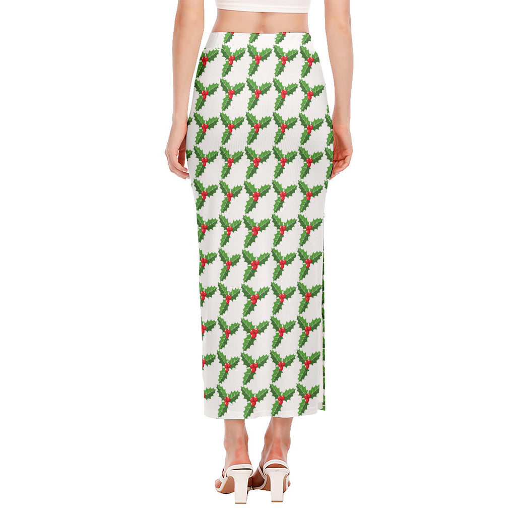 Christmas Holly Berry Pattern Print Side Slit Maxi Skirt