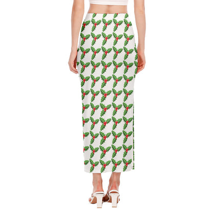 Christmas Holly Berry Pattern Print Side Slit Maxi Skirt