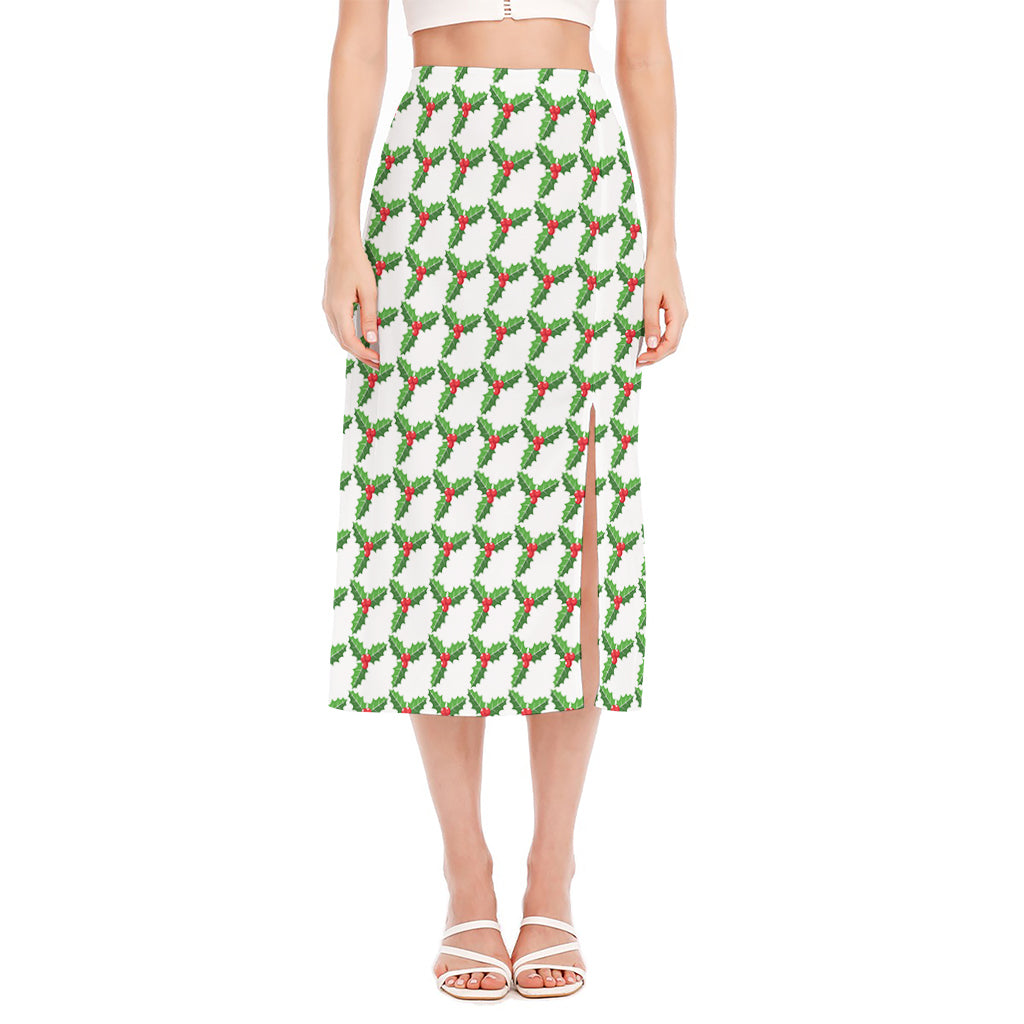 Christmas Holly Berry Pattern Print Side Slit Midi Skirt