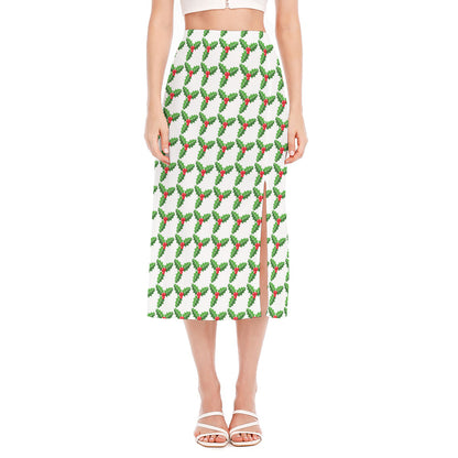 Christmas Holly Berry Pattern Print Side Slit Midi Skirt