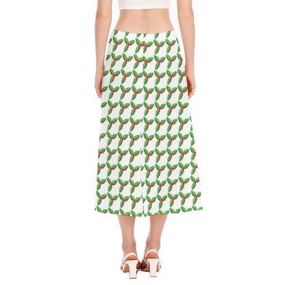 Christmas Holly Berry Pattern Print Side Slit Midi Skirt