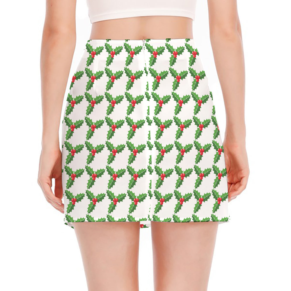 Christmas Holly Berry Pattern Print Side Slit Mini Skirt