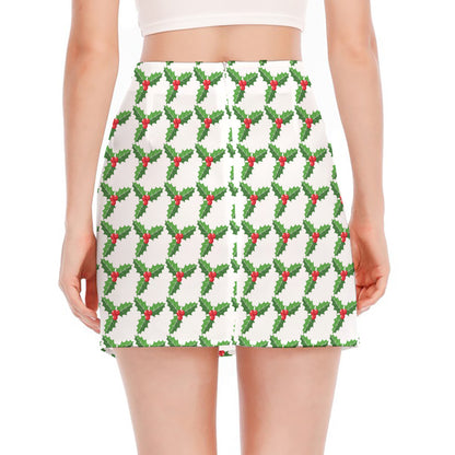 Christmas Holly Berry Pattern Print Side Slit Mini Skirt