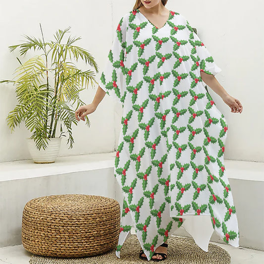 Christmas Holly Berry Pattern Print Silk V-Neck Kaftan Dress