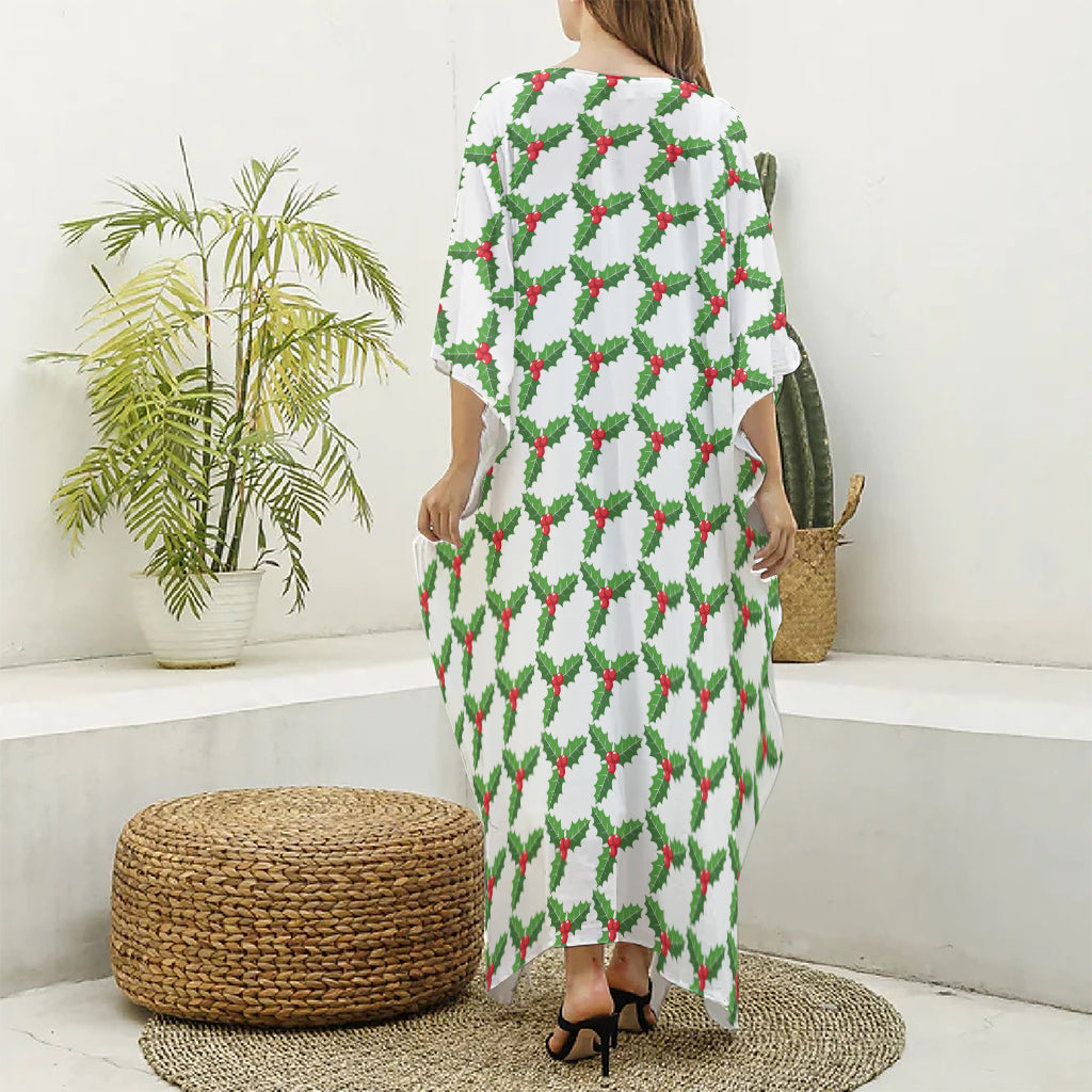 Christmas Holly Berry Pattern Print Silk V-Neck Kaftan Dress