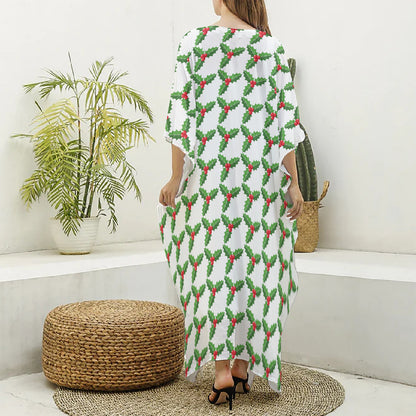 Christmas Holly Berry Pattern Print Silk V-Neck Kaftan Dress