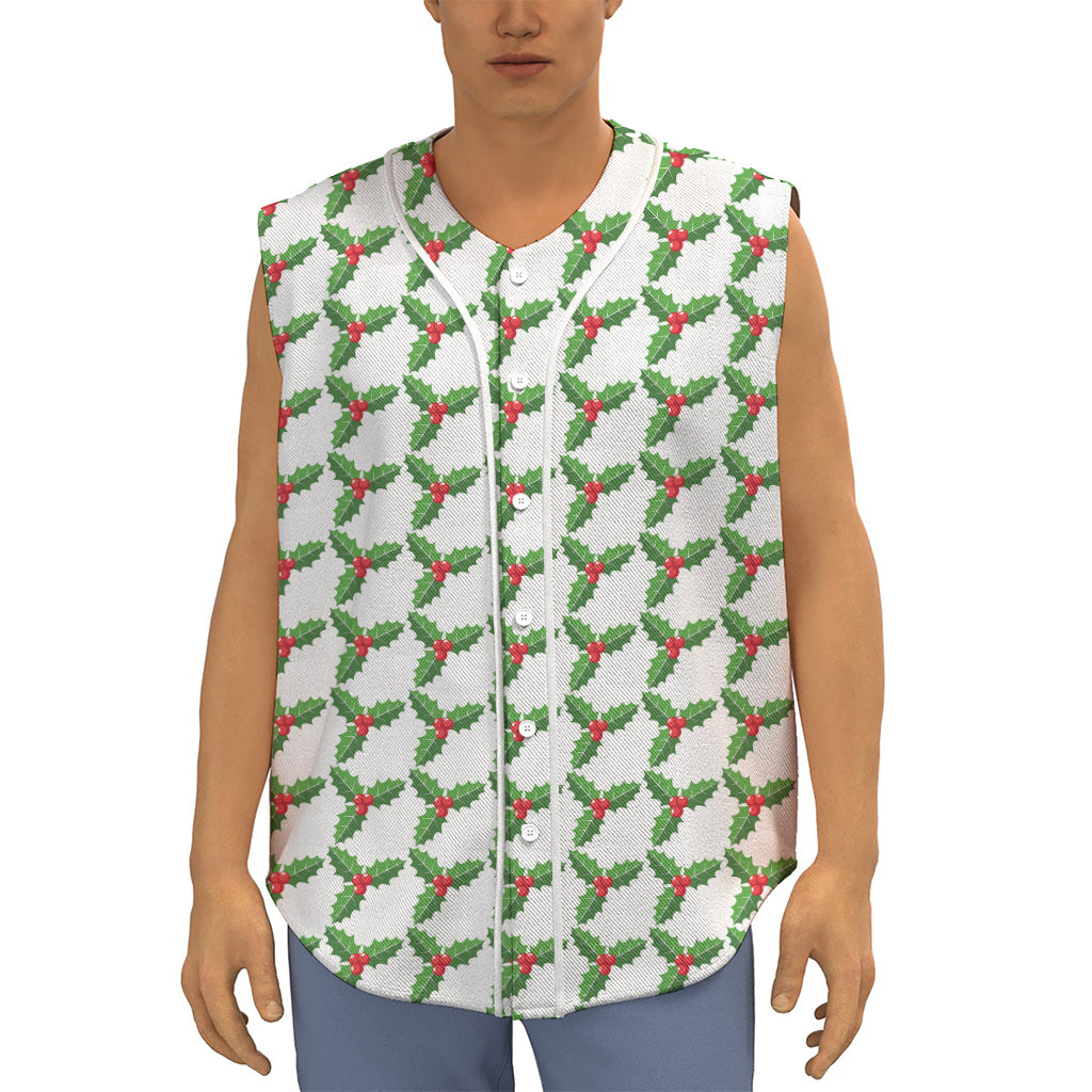 Christmas Holly Berry Pattern Print Sleeveless Baseball Jersey