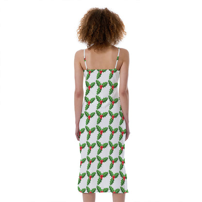 Christmas Holly Berry Pattern Print Slim Fit Midi Cami Dress
