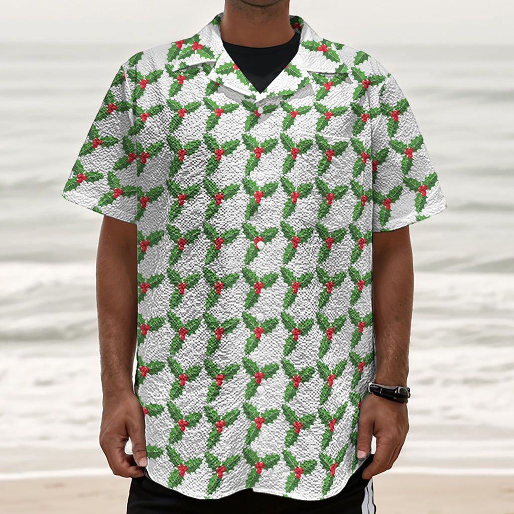 Christmas Holly Berry Pattern Print Textured Short Sleeve Shirt