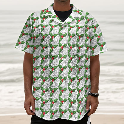 Christmas Holly Berry Pattern Print Textured Short Sleeve Shirt