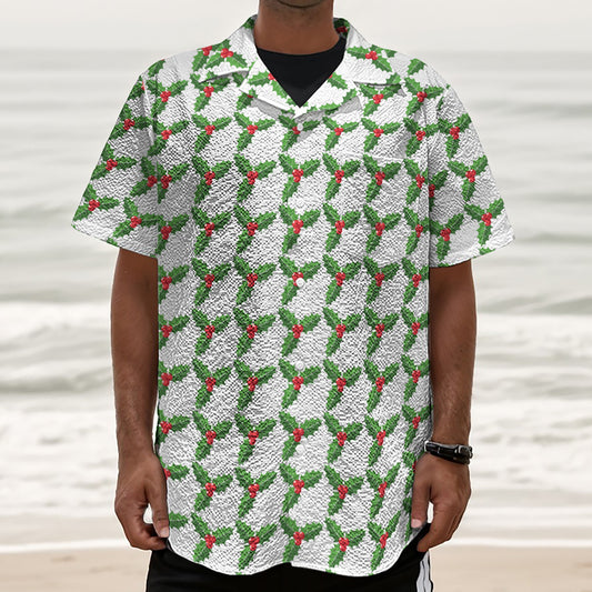 Christmas Holly Berry Pattern Print Textured Short Sleeve Shirt