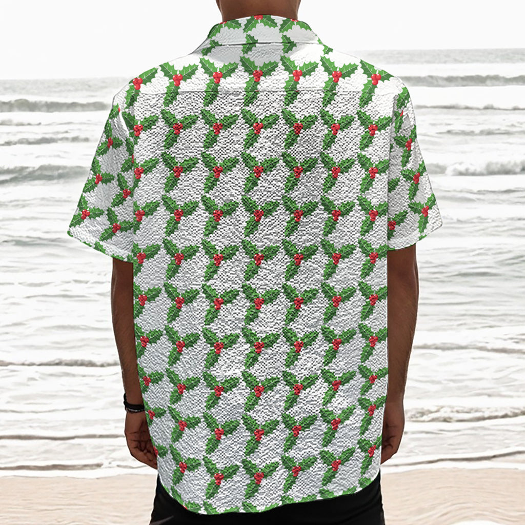 Christmas Holly Berry Pattern Print Textured Short Sleeve Shirt