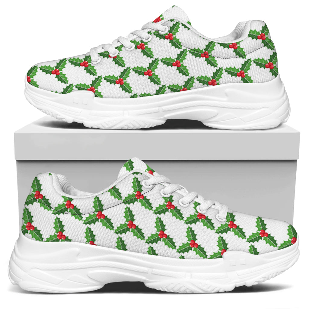 Christmas Holly Berry Pattern Print White Chunky Shoes