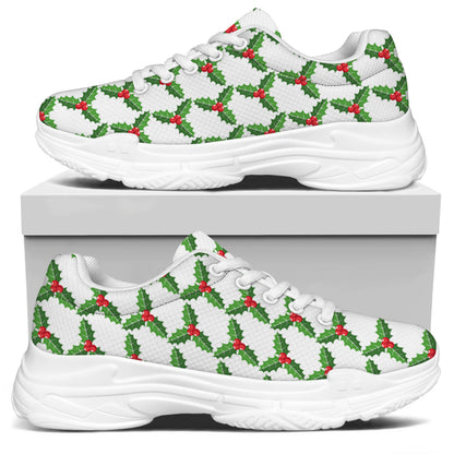 Christmas Holly Berry Pattern Print White Chunky Shoes