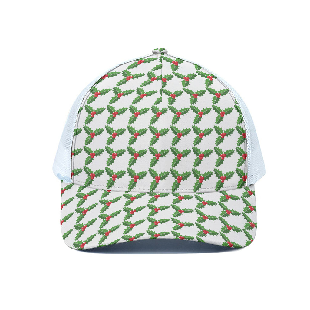 Christmas Holly Berry Pattern Print White Mesh Trucker Cap