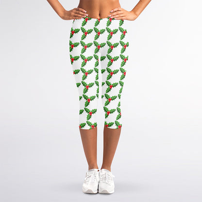 Christmas Holly Berry Pattern Print Women's Capri Leggings