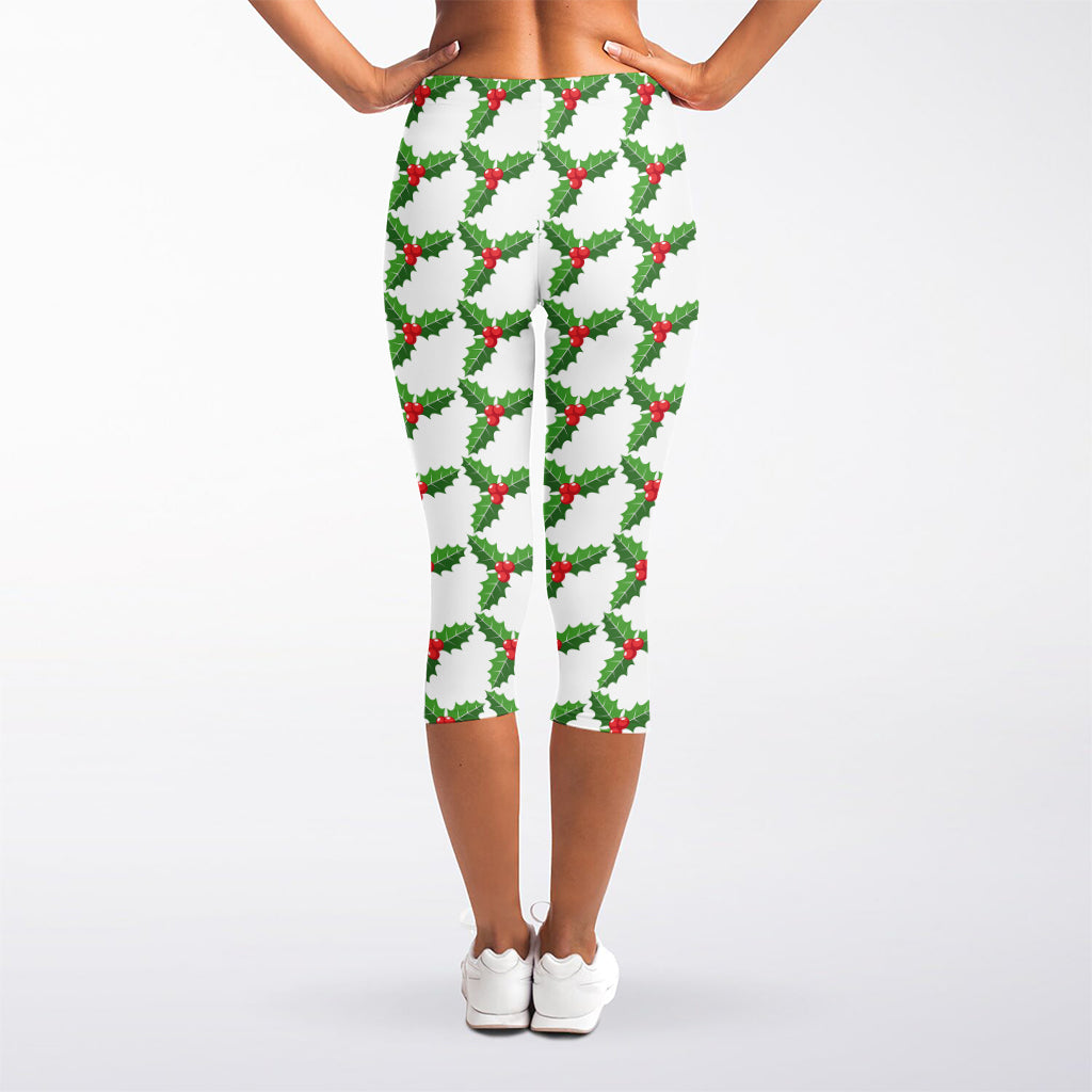 Christmas Holly Berry Pattern Print Women's Capri Leggings