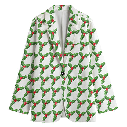 Christmas Holly Berry Pattern Print Women's Cotton Blazer