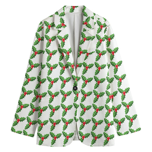 Christmas Holly Berry Pattern Print Women's Cotton Blazer