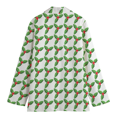 Christmas Holly Berry Pattern Print Women's Cotton Blazer