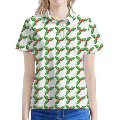 Christmas Holly Berry Pattern Print Women's Polo Shirt