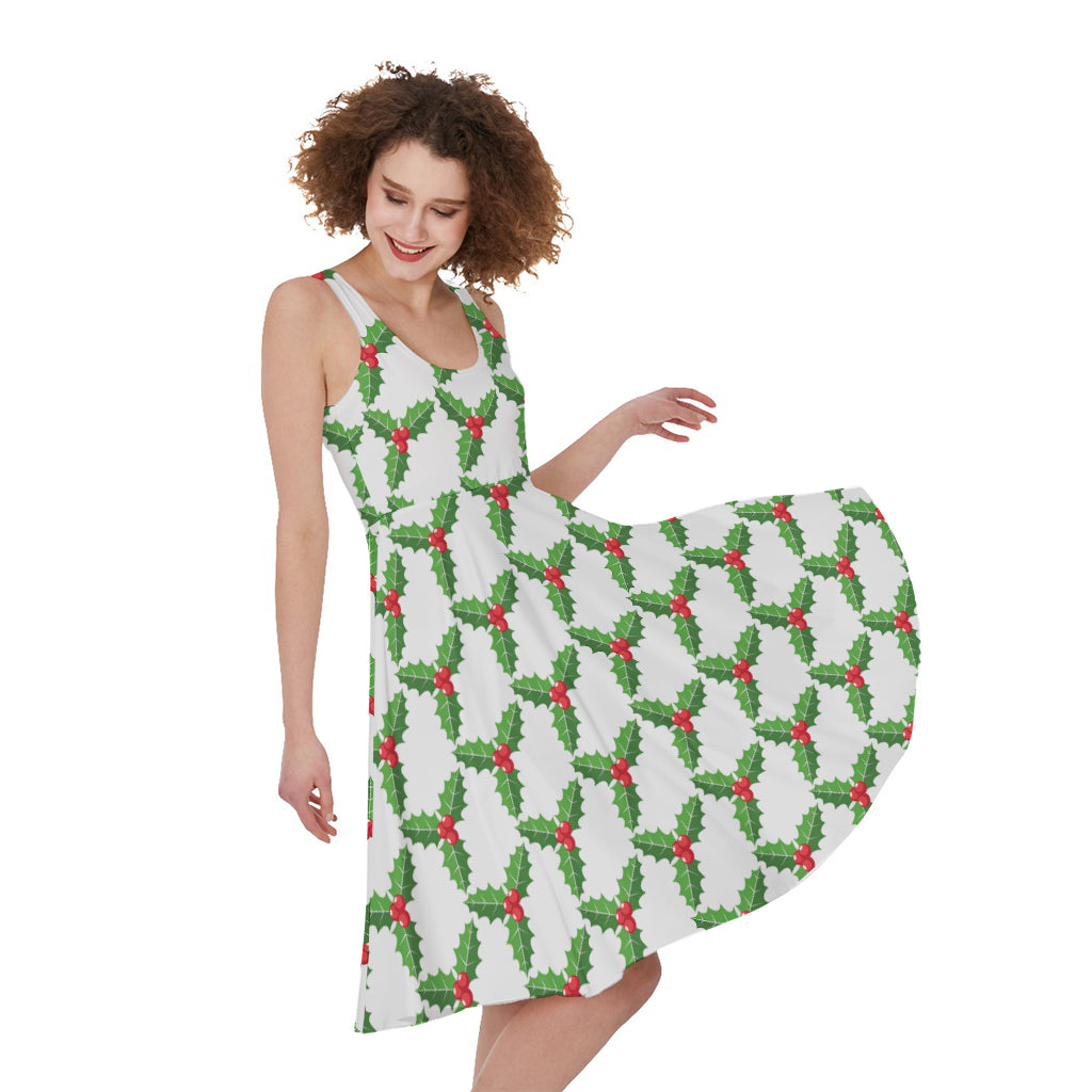 Christmas Holly Berry Pattern Print Women's Sleeveless Dress