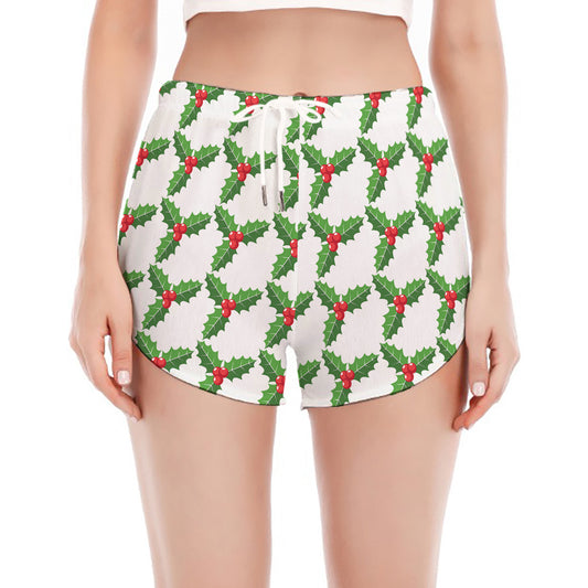 Christmas Holly Berry Pattern Print Women's Split Running Shorts