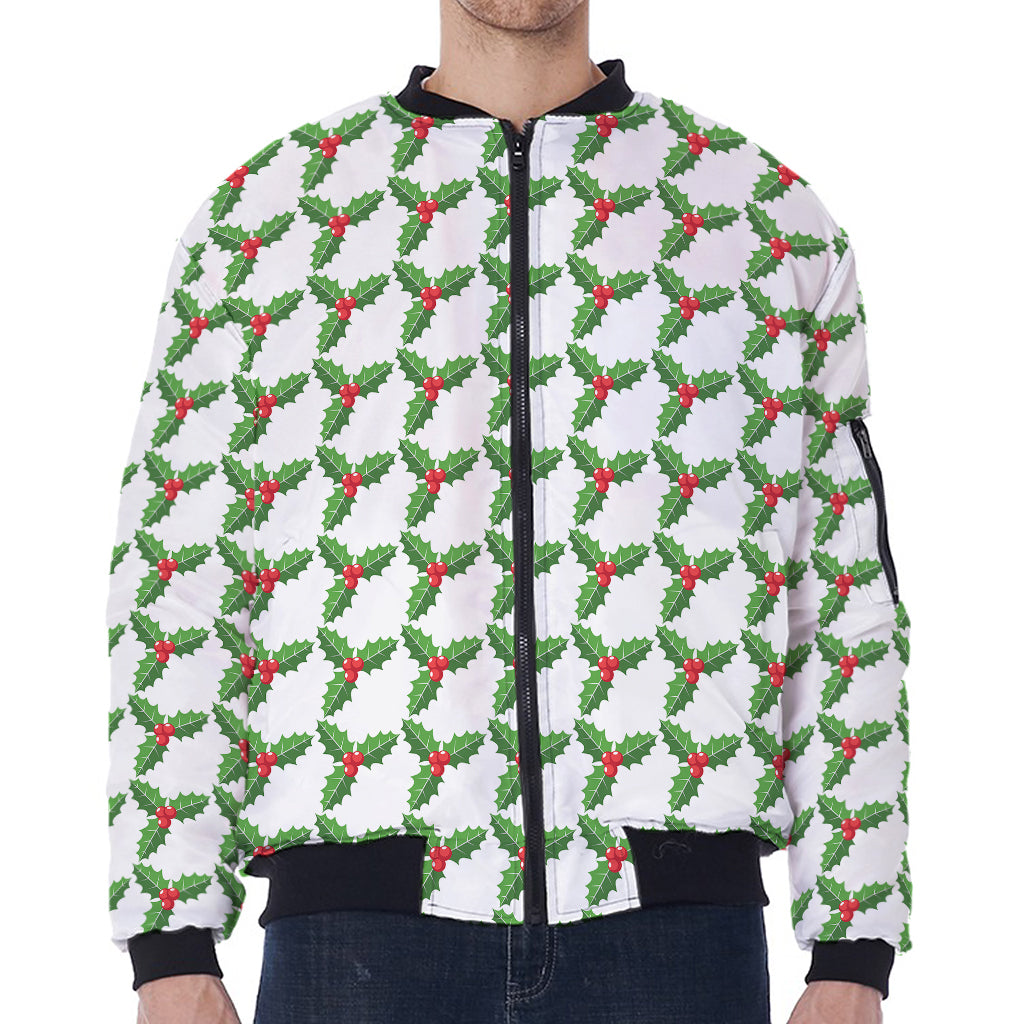 Christmas Holly Berry Pattern Print Zip Sleeve Bomber Jacket