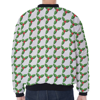 Christmas Holly Berry Pattern Print Zip Sleeve Bomber Jacket