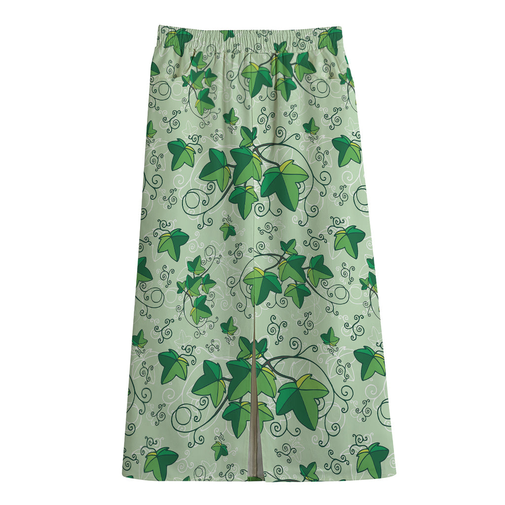 Christmas Ivy Leaf Pattern Print Cotton Front Slit Maxi Skirt