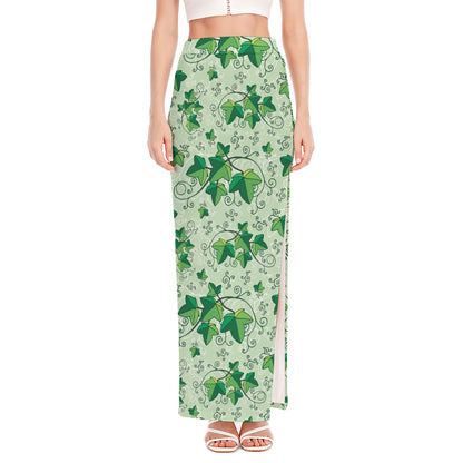 Christmas Ivy Leaf Pattern Print High Slit Maxi Skirt