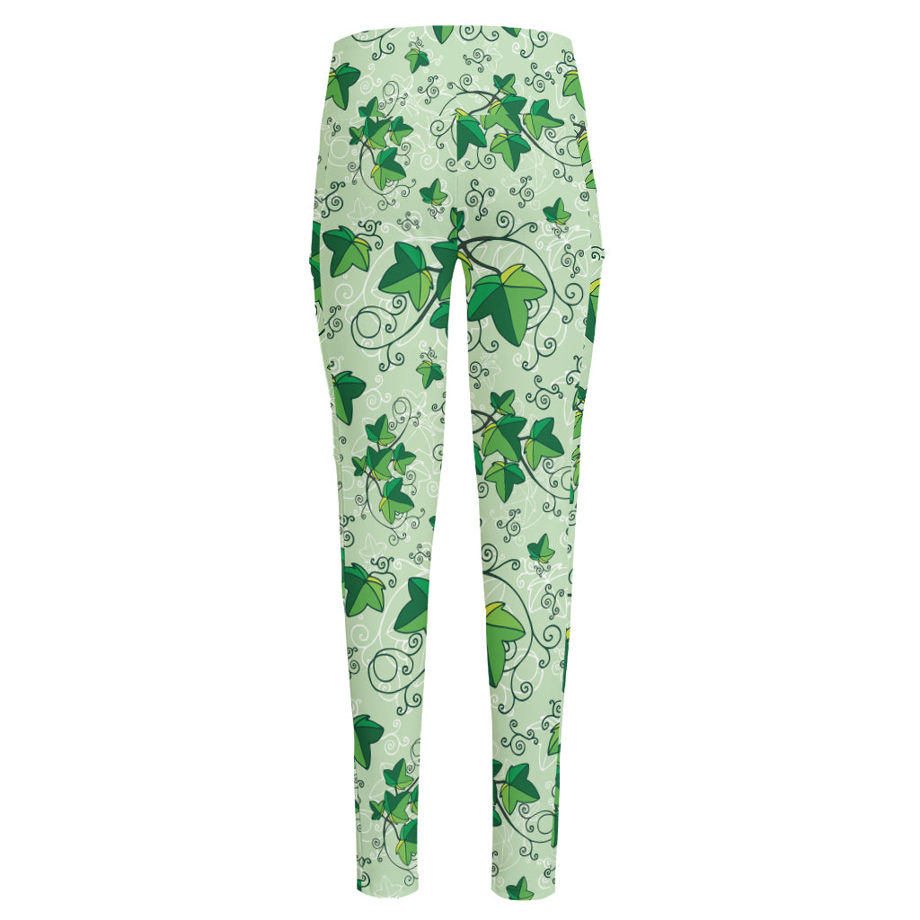 Christmas Ivy Leaf Pattern Print High-Waisted Pocket Leggings