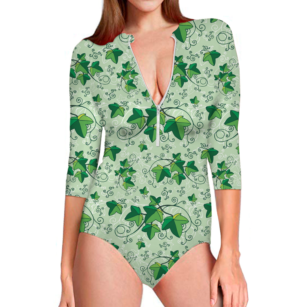 Christmas Ivy Leaf Pattern Print Long Sleeve Swimsuit