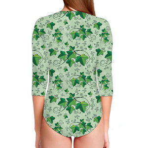 Christmas Ivy Leaf Pattern Print Long Sleeve Swimsuit