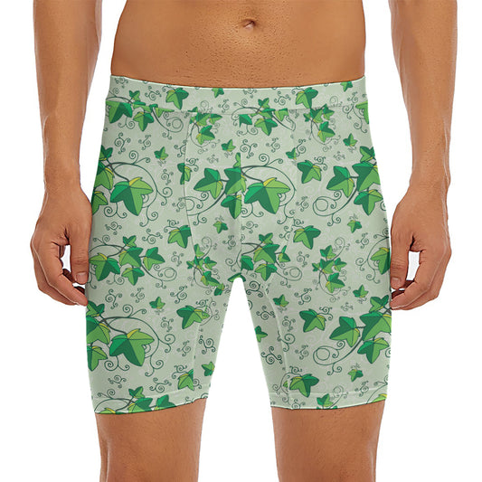 Christmas Ivy Leaf Pattern Print Men's Long Boxer Briefs