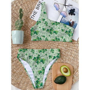 Christmas Ivy Leaf Pattern Print One Shoulder Bikini Top